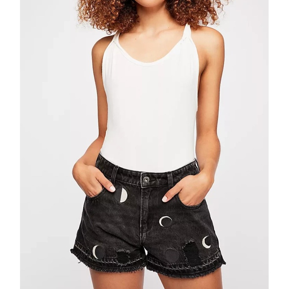 Scotch & Soda Embroidered Denim Shorts Sz 28 Moon Eclipse Cut Offs Washed Black